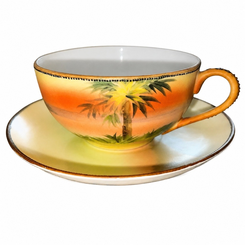 Vintage Nippon Japan Hand Painted Teacup Saucer Set Tropical Palm Tree Sunset